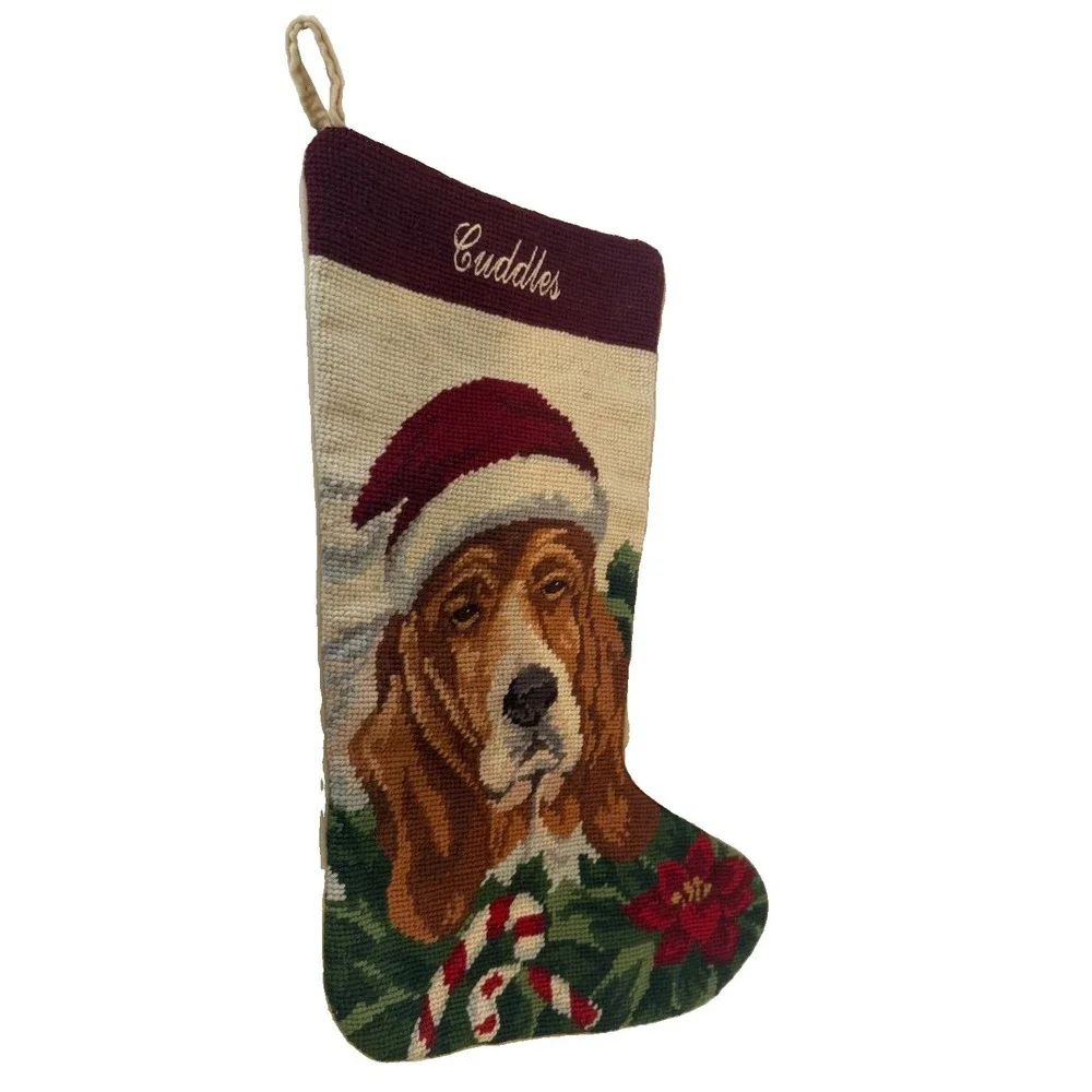 Vintage 100% Wool Needlepoint Basset Hound Dog Christmas Stocking 17